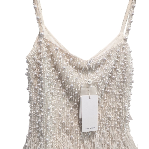 NWT Nadine Merabi Carrie Ivory White Beaded Feather Cocktail Dress Size 8/M - Picture 4 of 16